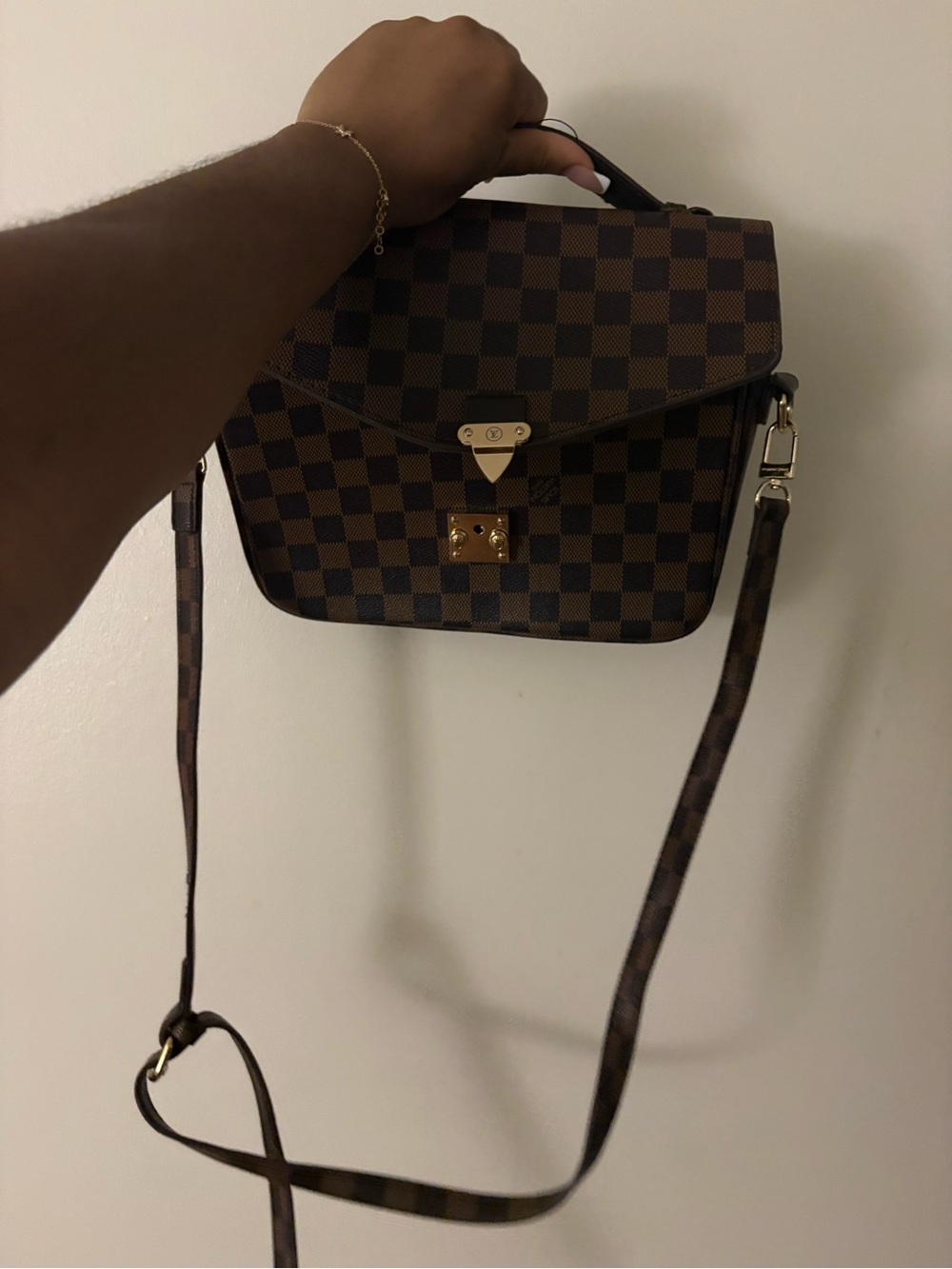 Louis Vuitton Brown Checkered Satchel with Gold Hardware